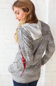 Grey Leopard Print & Plaid Drawstring Hoodie