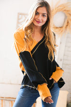 Load image into Gallery viewer, Mustard Cable Knit Outseam V Neck Thumbhole Sweater