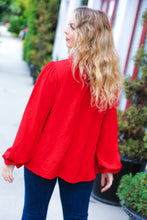 Load image into Gallery viewer, Be Merry Red Frill Mock Neck Crinkle Woven Top