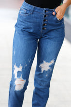 Load image into Gallery viewer, Blue Denim Boyfriend Fit Button Fly Distressed Jeans