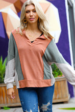 Load image into Gallery viewer, Weekend Bliss Rust &amp; Olive Collared Terry Color Block Top