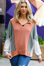Load image into Gallery viewer, Weekend Bliss Rust &amp; Olive Collared Terry Color Block Top