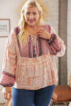 Load image into Gallery viewer, Berry Ethnic Floral Front Beaded Tie Peasant Woven Blouse