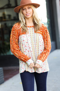 Rust & Taupe Vertical Floral Color Block Bubble Sleeve Top