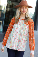 Load image into Gallery viewer, Rust &amp; Taupe Vertical Floral Color Block Bubble Sleeve Top