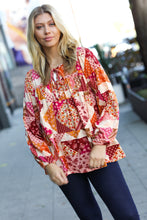 Load image into Gallery viewer, Rust/Magenta Patchwork Print Front Tie Boho Top