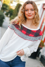 Load image into Gallery viewer, Pretty in Plaid Red &amp; Grey Buffalo Plaid Hacci Outseam Top