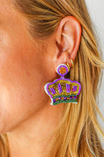 Load image into Gallery viewer, Mardi Gras Sequin &amp; Beaded Crown Dangle Earrings