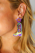 Load image into Gallery viewer, Mardi Gras Sequin &amp; Beaded Cowboy Boot Dangle Earrings