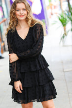 Load image into Gallery viewer, Holiday Vixen Black Chiffon Swiss Dot V Neck Tiered Ruffle Dress
