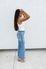 Load image into Gallery viewer, Blakely Lightwash Distressed Flares- OPEN NOW