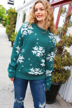 Load image into Gallery viewer, Season Greetings Hunter Green Puffy Snowflake Jacquard Sweater
