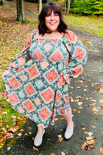 Load image into Gallery viewer, Join Me Later Rust/Teal Boho Smocked Woven Midi Dress