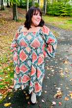 Load image into Gallery viewer, Join Me Later Rust/Teal Boho Smocked Woven Midi Dress