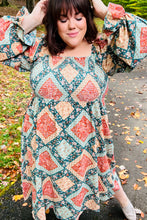 Load image into Gallery viewer, Join Me Later Rust/Teal Boho Smocked Woven Midi Dress