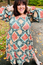 Load image into Gallery viewer, Join Me Later Rust/Teal Boho Smocked Woven Midi Dress
