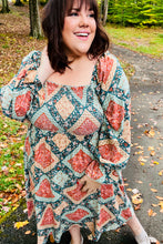 Load image into Gallery viewer, Join Me Later Rust/Teal Boho Smocked Woven Midi Dress