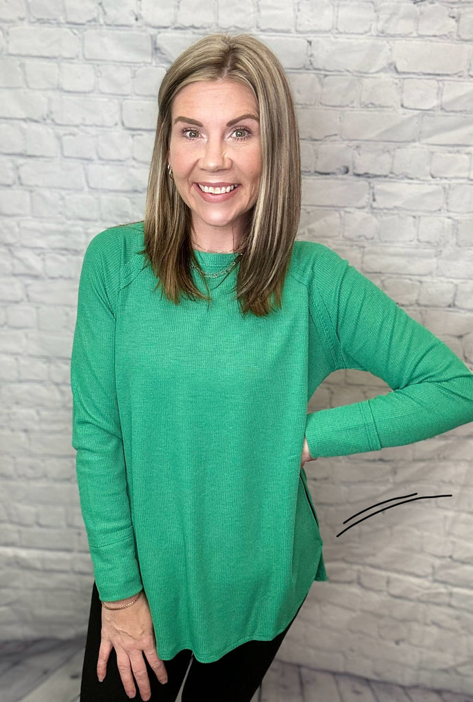 Melange Baby Waffle Long Sleeve Top in Kelly Green