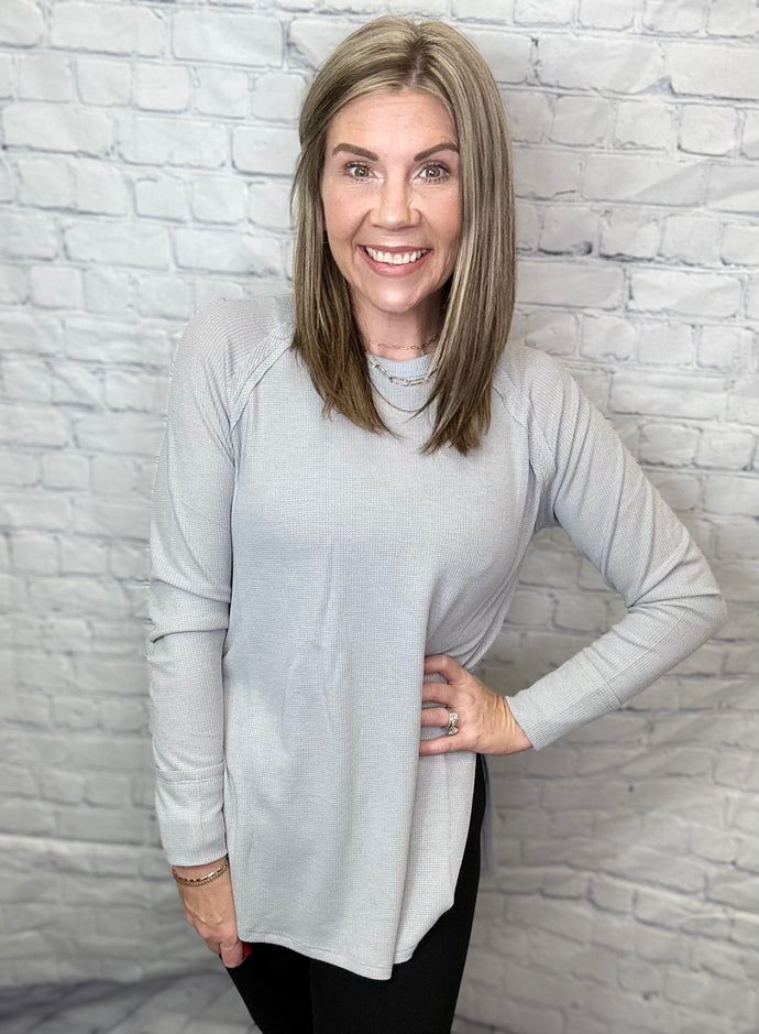 Melange Baby Waffle Long Sleeve Top in Light Grey