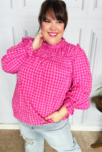 Load image into Gallery viewer, Lost In Love Fuchsia Gingham Shirred Mock Neck Top