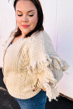 Load image into Gallery viewer, Weekend Ready Oatmeal V Neck Fringe Chunky Cable Cardigan