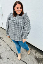 Load image into Gallery viewer, Black Gingham Shirred Yoke Mock Neck Frilled Top