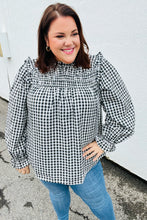 Load image into Gallery viewer, Black Gingham Shirred Yoke Mock Neck Frilled Top