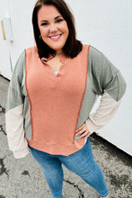 Load image into Gallery viewer, Weekend Bliss Rust &amp; Olive Collared Terry Color Block Top