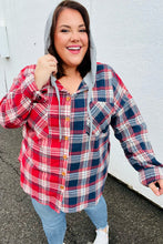 Load image into Gallery viewer, Face the Day Red/Navy Plaid Color Block Hoodie Shacket