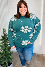 Load image into Gallery viewer, Season Greetings Hunter Green Puffy Snowflake Jacquard Sweater