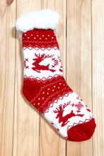Load image into Gallery viewer, Red Holiday Reindeer Sherpa Traction Bottom Slipper Socks