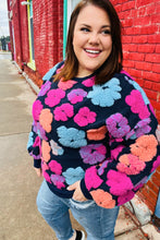 Load image into Gallery viewer, Feeling Joyful Navy &amp; Fuchsia Embroidered Sherpa Flower Pullover