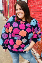Load image into Gallery viewer, Feeling Joyful Navy &amp; Fuchsia Embroidered Sherpa Flower Pullover