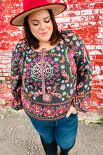 Load image into Gallery viewer, Take The Leap Black &amp; Mauve Border Print Boho Tie Top