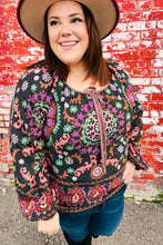 Load image into Gallery viewer, Take The Leap Black &amp; Mauve Border Print Boho Tie Top