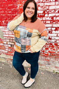 What I Like Rust/Charcoal Two Tone Knit Plaid V Neck Top