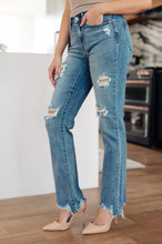 Load image into Gallery viewer, O&#39;Hara Mid Rise Destroyed Straight Jeans in Medium Wash