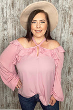 Load image into Gallery viewer, Blush Wool Dobby Halter Neck Bubble Sleeve Blouse