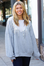 Load image into Gallery viewer, White/Grey Cable Knit Sequin Tassel Hacci Sweater