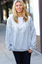 Load image into Gallery viewer, White/Grey Cable Knit Sequin Tassel Hacci Sweater