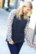 Load image into Gallery viewer, Black Hacci Sweater Knit Long Leopard Sleeve Pullover