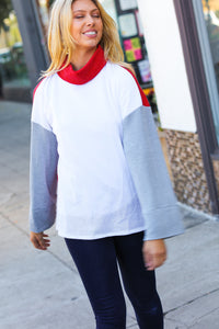 Red/White Hacci Color Block Jacquard Knit Turtleneck