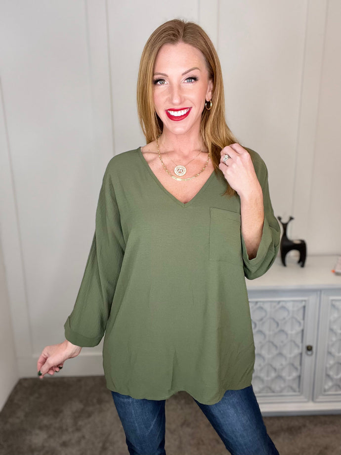 V-Neck Top with Chest Pocket and Dolman Sleeve in Olive