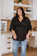 Load image into Gallery viewer, Storied Moments Draped Peplum Top in Black