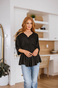 Storied Moments Draped Peplum Top in Black